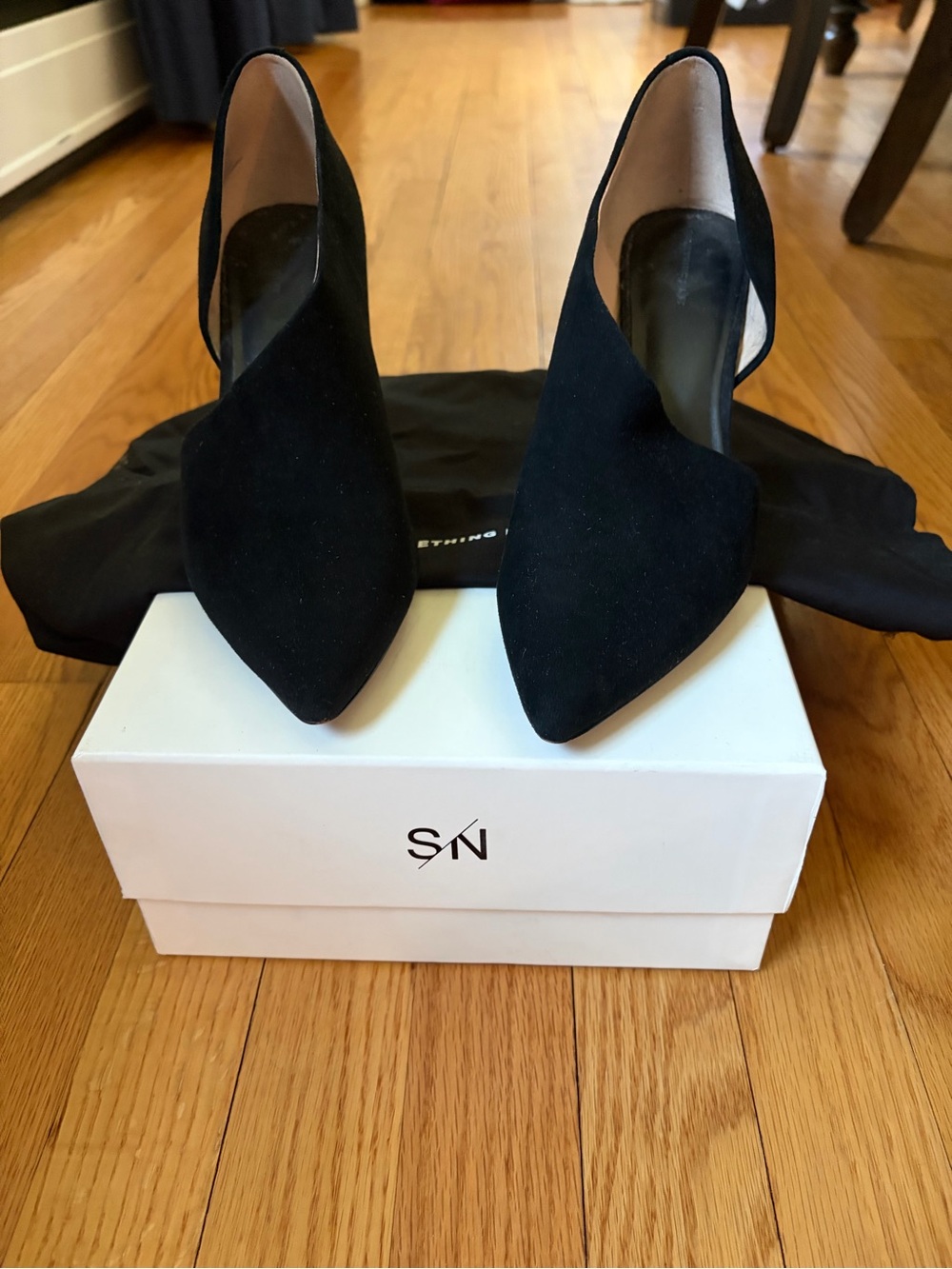 Something Navy Black Suede Pointed D'Orsay Heels